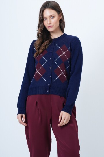 Baklava Desenli Düğmeli Triko Hırka