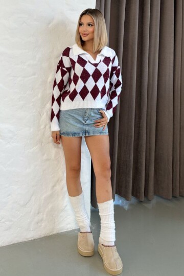 Baklava Desenli Polo Yaka Triko Kazak