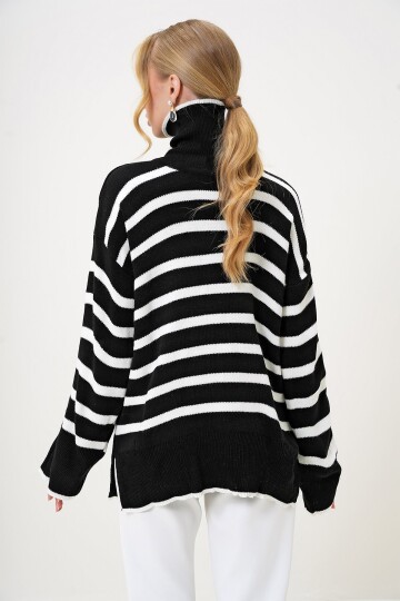 Balıkçı Yaka Çizgili Oversize Triko Kazak