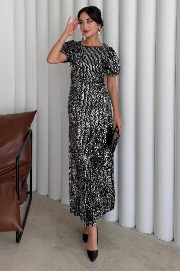 Balon Kol Taş İşlemeli Büzgülü Midi Boy Elbise