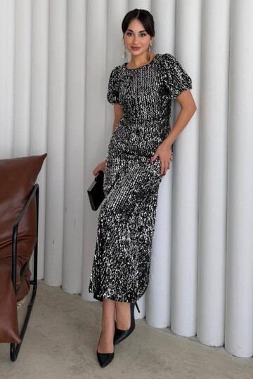 Balon Kol Taş İşlemeli Büzgülü Midi Boy Elbise