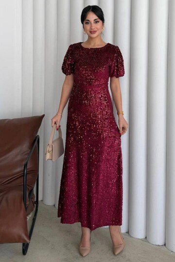 Balon Kol Taş İşlemeli Büzgülü Midi Boy Elbise