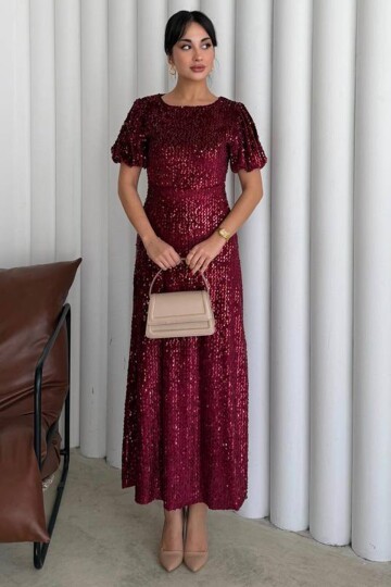 Balon Kol Taş İşlemeli Büzgülü Midi Boy Elbise