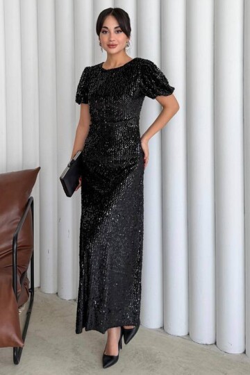 Balon Kol Taş İşlemeli Büzgülü Midi Boy Elbise