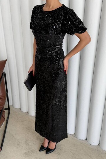 Balon Kol Taş İşlemeli Büzgülü Midi Boy Elbise