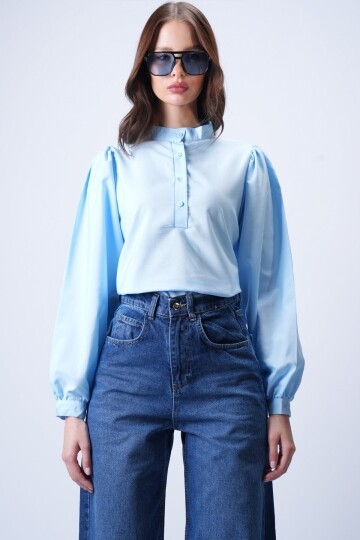 Bebe Mavi Hakim Yaka Önü Düğmeli Balon Kol Poplin Dokuma Gömlek