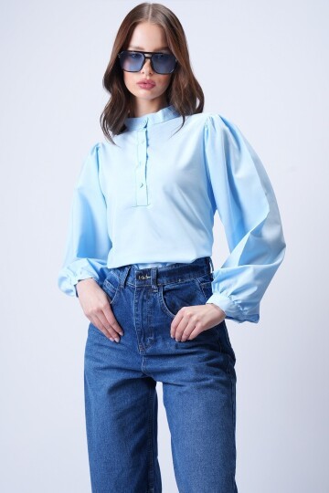 Bebe Mavi Hakim Yaka Önü Düğmeli Balon Kol Poplin Dokuma Gömlek