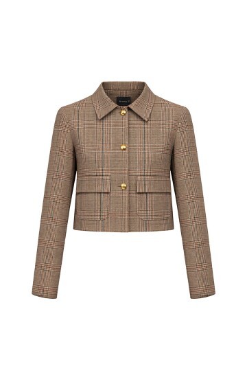 Bej Ekoseli Kısa Blazer Ceket