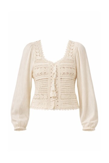 Bej Kare Yaka Önü Bağlamalı Kroşata Dokuma Crop Bluz