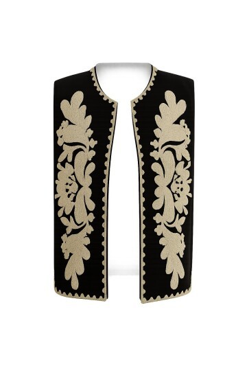 Bej Nakış İşlemeli Özel Tasarım Keten Yelek