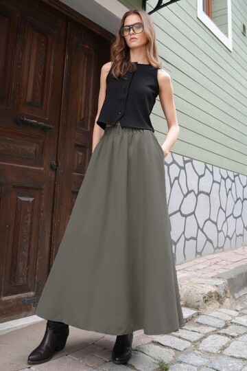 Beli Lastikli Kemer Detaylı Çift Cepli Midi Boy Etek