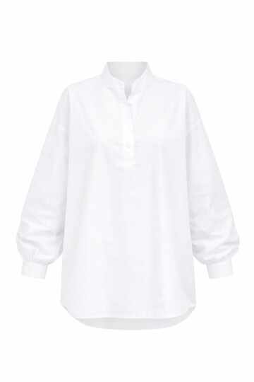 Beyaz Hakim Yaka Yarım Pat Balon Kol Poplin Dokuma Gömlek