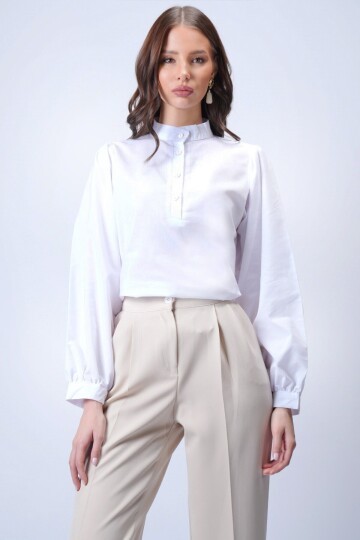 Beyaz Hakim Yaka Yarım Pat Balon Kol Poplin Dokuma Gömlek