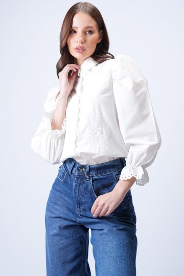 Beyaz Prenses Kol Güpür Nakışlı Dokuma Gömlek