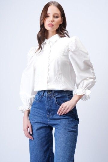 Beyaz Prenses Kol Güpür Nakışlı Dokuma Gömlek