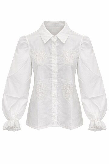 Beyaz Prenses Kol Güpür Nakışlı Dokuma Gömlek