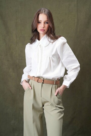 Beyaz Yakası Fisto Nervürlü Pamuklu Dokuma Gömlek Esq7628