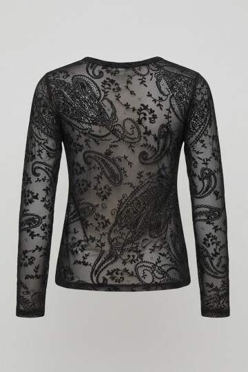 Bisiklet Flok Baskılı Tül Detaylı Bluz