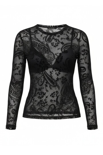 Bisiklet Flok Baskılı Tül Detaylı Bluz