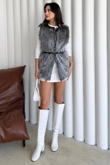 Bisiklet Yaka Kemerli Peluş Yelek