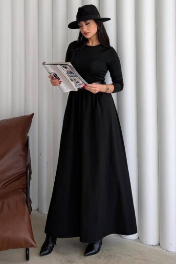 Bisiklet Yaka Pileli Kemerli Maxi Boy Elbise