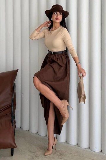 Bisiklet Yaka Pileli Kemerli Maxi Boy Elbise