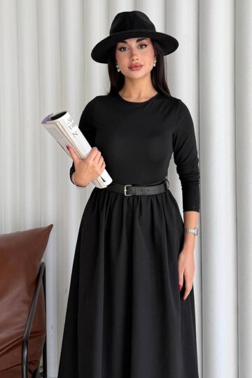 Bisiklet Yaka Pileli Kemerli Maxi Boy Elbise