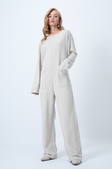 Bisiklet Yaka Sırtı Fermuarlı Rahat Kesim Tulum