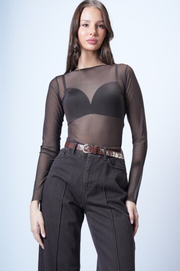 Kahverengi Bisiklet Yaka Tül Bluz