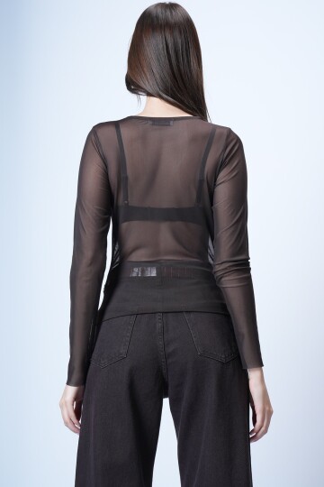 Kahverengi Bisiklet Yaka Tül Bluz