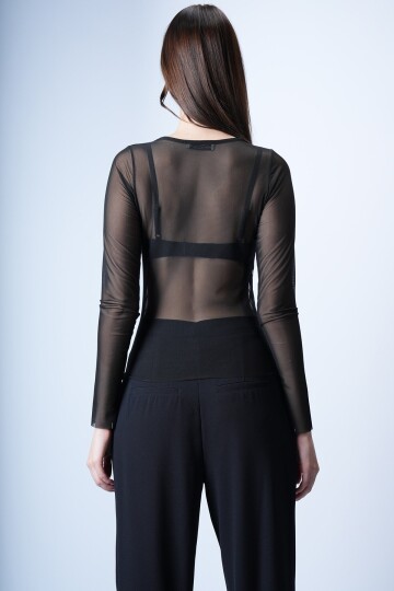 Siyah Bisiklet Yaka Tül Bluz