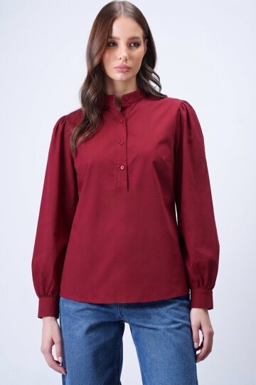 Bordo Hakim Yaka Önü Düğmeli Balon Kol Poplin Dokuma Bluz