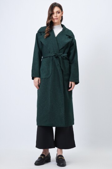 Ceket Yaka Torba Cepli İçi Astarlı Kuşak Bağlamalı Kaşe Kaban