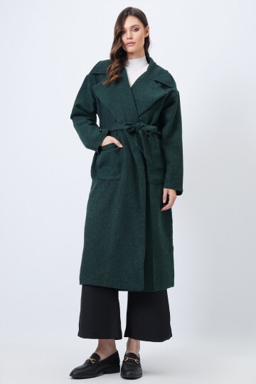 Ceket Yaka Torba Cepli İçi Astarlı Kuşak Bağlamalı Kaşe Kaban