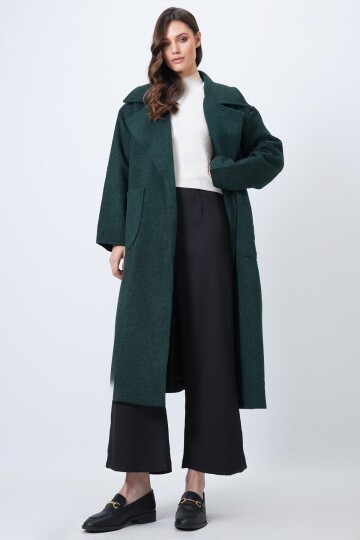 Ceket Yaka Torba Cepli İçi Astarlı Kuşak Bağlamalı Kaşe Kaban