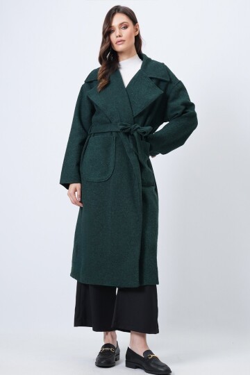 Ceket Yaka Torba Cepli İçi Astarlı Kuşak Bağlamalı Kaşe Kaban