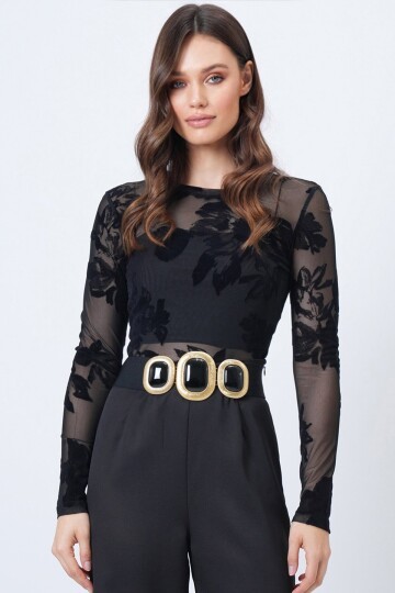 Çiçek Desenli Transparan Tül Bluz