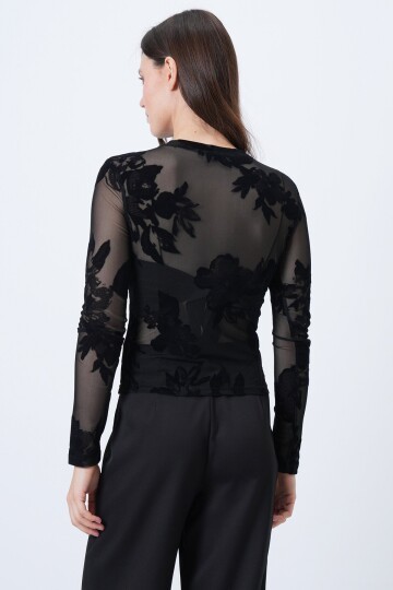 Çiçek Desenli Transparan Tül Bluz