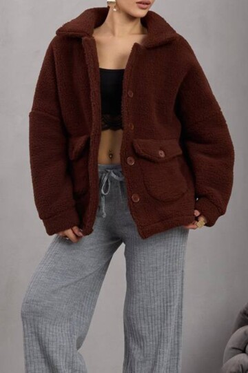 Çift Cepli Düğme Kapamalı Peluş Ceket