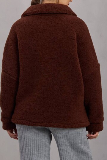 Çift Cepli Düğme Kapamalı Peluş Ceket