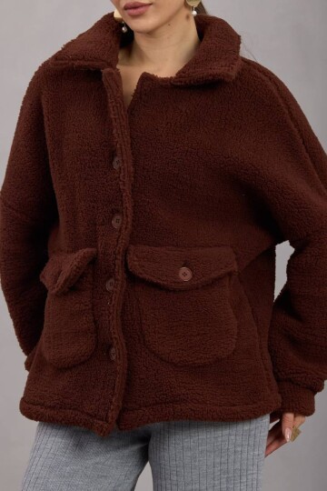 Çift Cepli Düğme Kapamalı Peluş Ceket