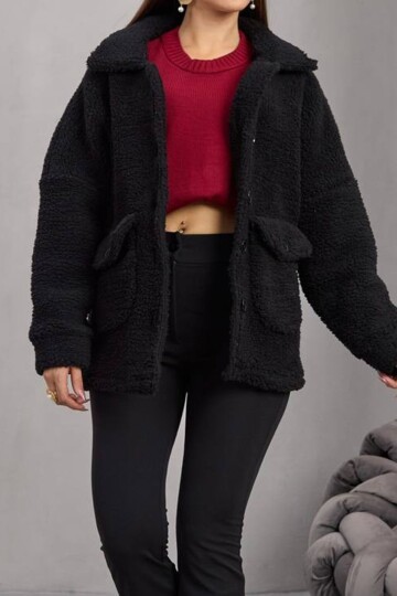 Çift Cepli Düğme Kapamalı Peluş Ceket