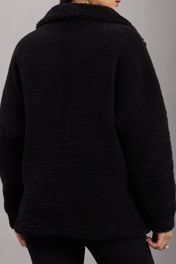 Çift Cepli Düğme Kapamalı Peluş Ceket