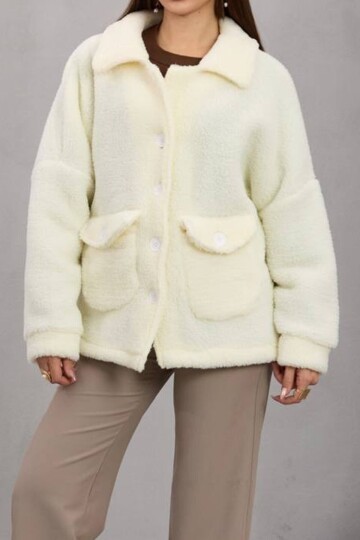 Çift Cepli Düğme Kapamalı Peluş Ceket