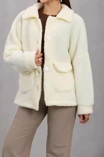 Çift Cepli Düğme Kapamalı Peluş Ceket