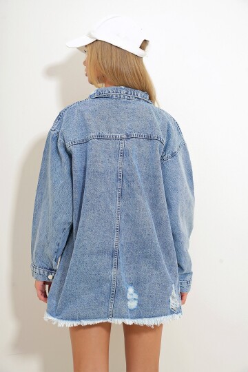 Çift Cepli Eteği Püsküllü Oversize Denim Ceket