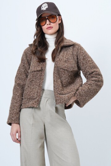 Çift Cepli Fermuar Kapamalı Buklet Ceket