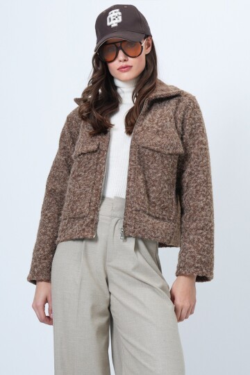 Çift Cepli Fermuar Kapamalı Buklet Ceket