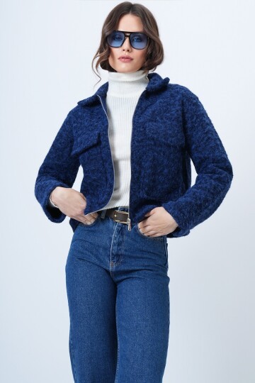 Çift Cepli Fermuar Kapamalı Buklet Ceket