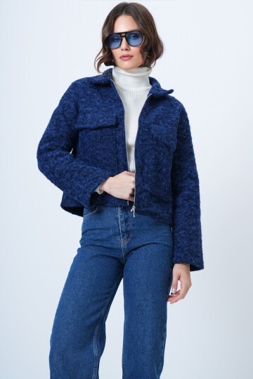 Çift Cepli Fermuar Kapamalı Buklet Ceket